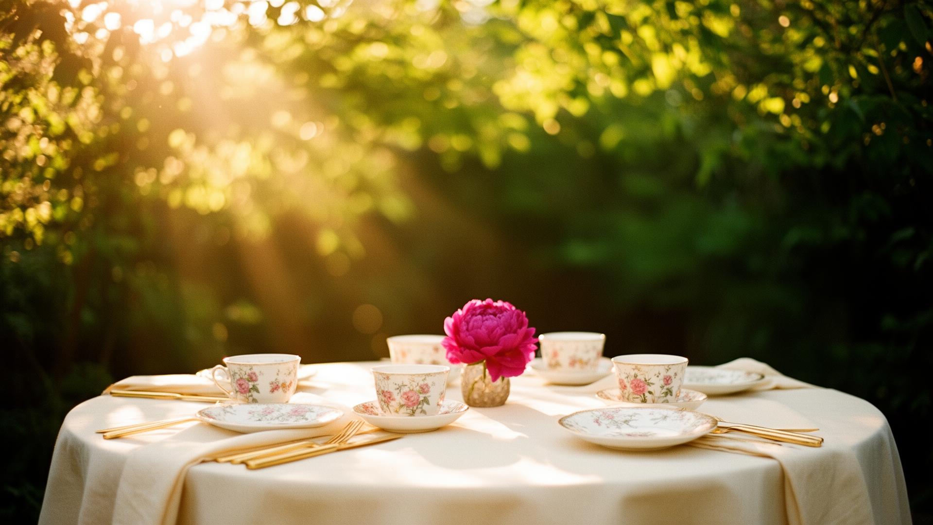 A sun-dappled garden table set with floral porcelain and peonies